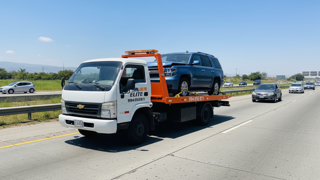 Unidad de Grúas Elite transportando una camioneta